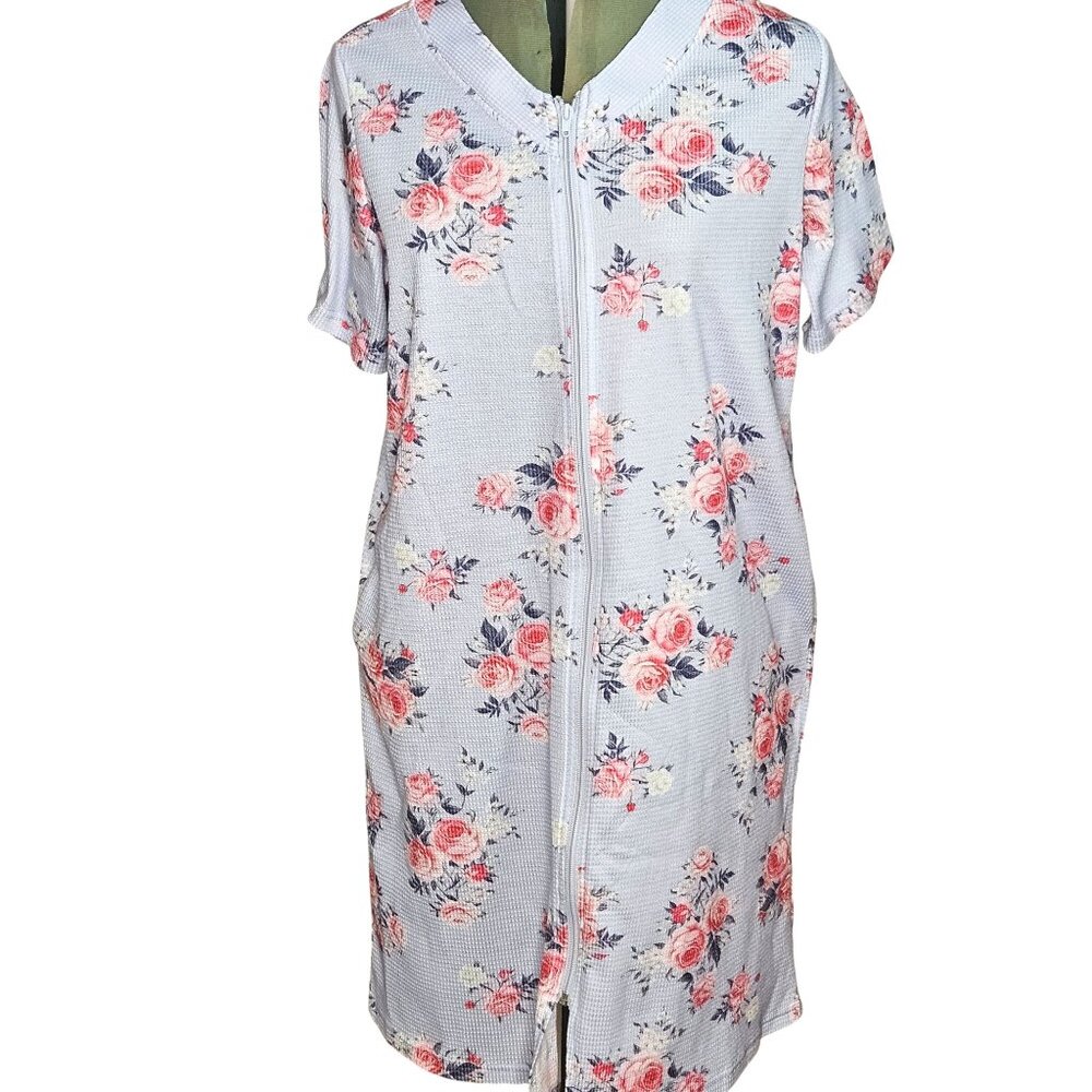 Floral Print Light Blue Short Sleeve Waffle Knit Zip-Up Loungewear Dress Size M